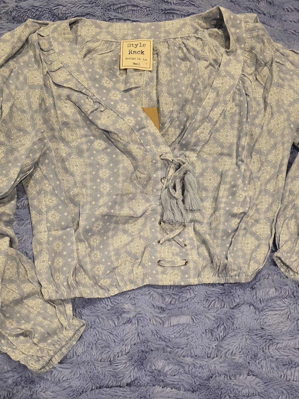 Style Rack Light Blue Printed Tassel Tie Blouse